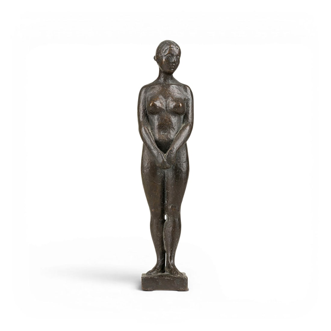 PETER GROSSBACH | STEHENDER WEIBLICHER AKT: PETER GROSSBACH 1934 Freudenstadt - 1988 Cologne STANDING FEMALE NUDE Bronze, darkbrown patinated. 28 x 6.5 x 5.5 cm. 1.37 kg. Signed 'Grossbach' on the verso. Provenance: Private collection in the Lo