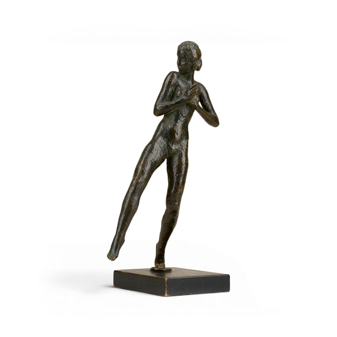 WALTER KNECHT | STEHENDER WEIBLICHER AKT: WALTER KNECHT 1895 Stein am Rhein, Switzerland - 1985 Schaffhausen, Switzerland STANDING FEMALE NUDE Bronze, darkbrown patinated, on wooden base. 29.3 x 15.5 x 12 cm, Bronze 27 cm high. 1.8 kg. Inscri