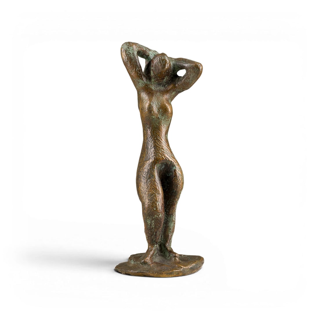 CURT BECKMANN | STEHENDER AKT: CURT BECKMANN 1901 Solingen - 1970 Duesseldorf STANDING FEMALE NUDE Bronze, brown/green patinated. 28.7 x 13 x 10.5 cm. 4.59 kg. Monogrammed 'CB' on the plinth.CURT BECKMANN 1901 Solingen - 1970 Duess