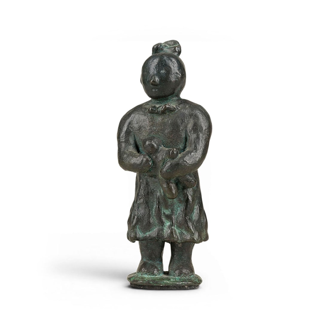 RENATE GOEBEL | MAEDCHEN MIT PUPPE (1993): RENATE GOEBEL 1934 Gotha GIRL WITH PUPPET (1993) Bronze, dark brown patina. 19 x 7,5 x 6 cm, 1,6 kg. Signed and dated on the plinth. Part. with traces of oxidation, part. rubbed.RENATE GOEBEL 1934 Got