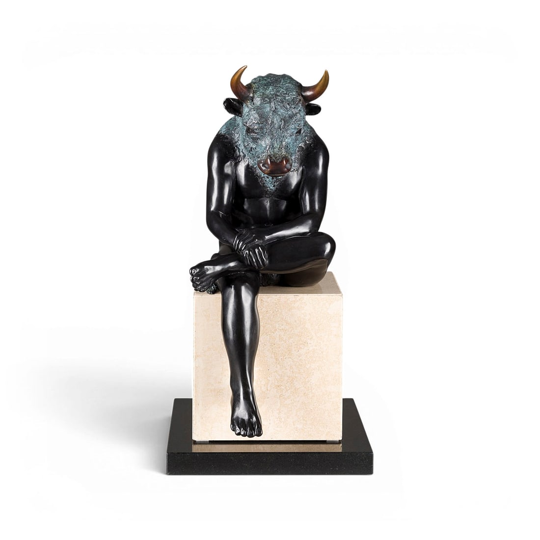 MONIQUE MATTILLE | 'LE MINOTAURE': MONIQUE MATTILLE Active in the 21st century 'LE MINOTAURE' Bronze, black/green patinated, partly polished, on two marble bases. 50 x 29 x 20 cm, Bronze 47.5 x 17.5 x 27 cm. Total weight approx. 25.6 k