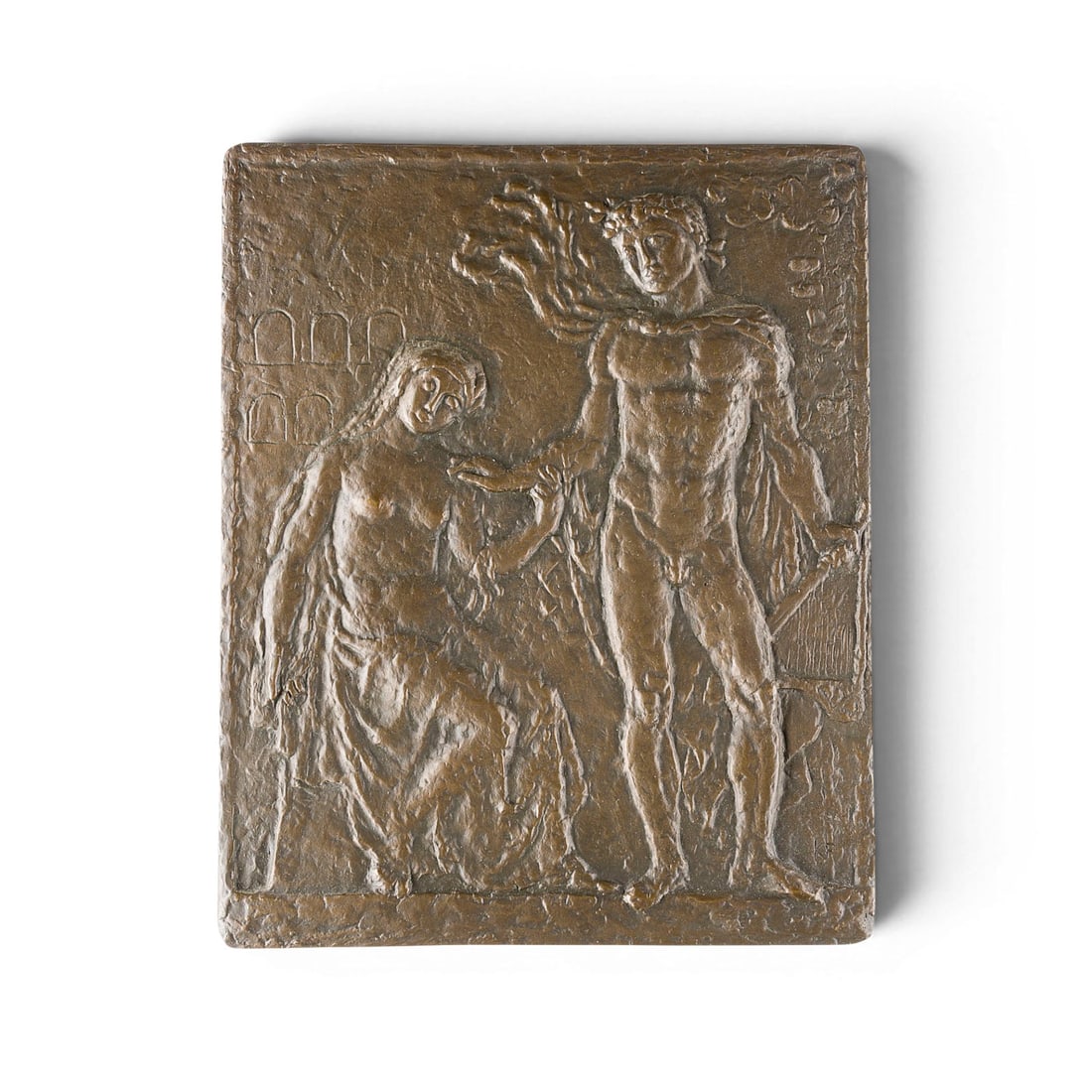 KARL-HEINZ FRANKE | ORPHEUS UND EURYDIKE: KARL-HEINZ FRANKE 1916 Berlin - 2006 ORPHEUS UND EURYDICE Bronze, cast in relief, darkrbrown patinated. 30.5 x 24.5 x 1 cm. 3 kg. Monogrammed. 'KF' at lower right.KARL-HEINZ FRANKE 1916 Berlin - 2006 
