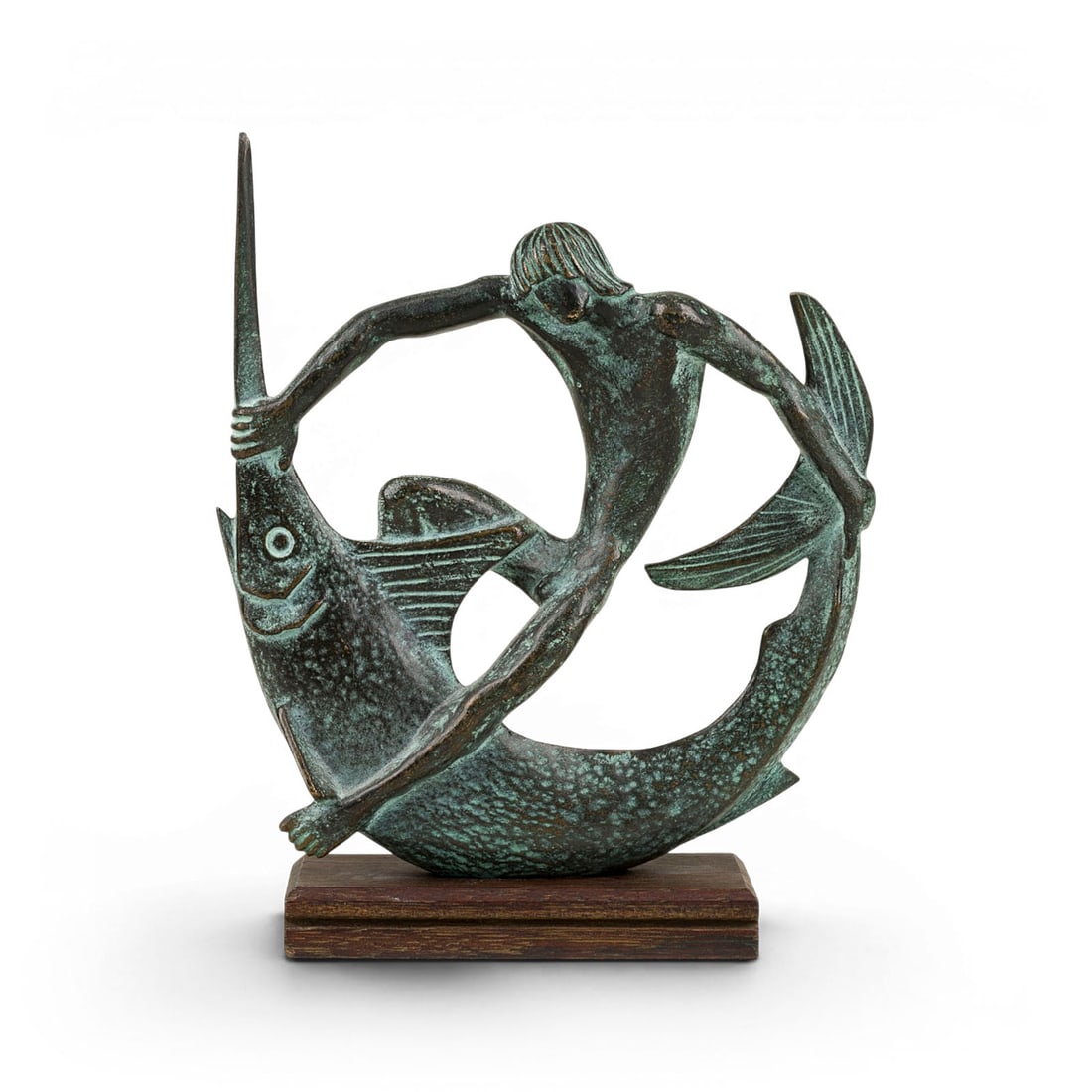 EDWIN SCHARFF | 'JUENGLING IM KAMPF MIT EINEM SCHWERTFISCH': EDWIN SCHARFF 1887 Neu-Ulm - 1955 Hamburg 'JUENGLING IM KAMPF MIT EINEM SCHWERTFISCH (YOUNG BOY IN BATTLE WITH A SWORDFISH)' Bronze, darkbrown/green patinated, on wooden plinth. 24.5 x 19.5 x 6.5 cm. 