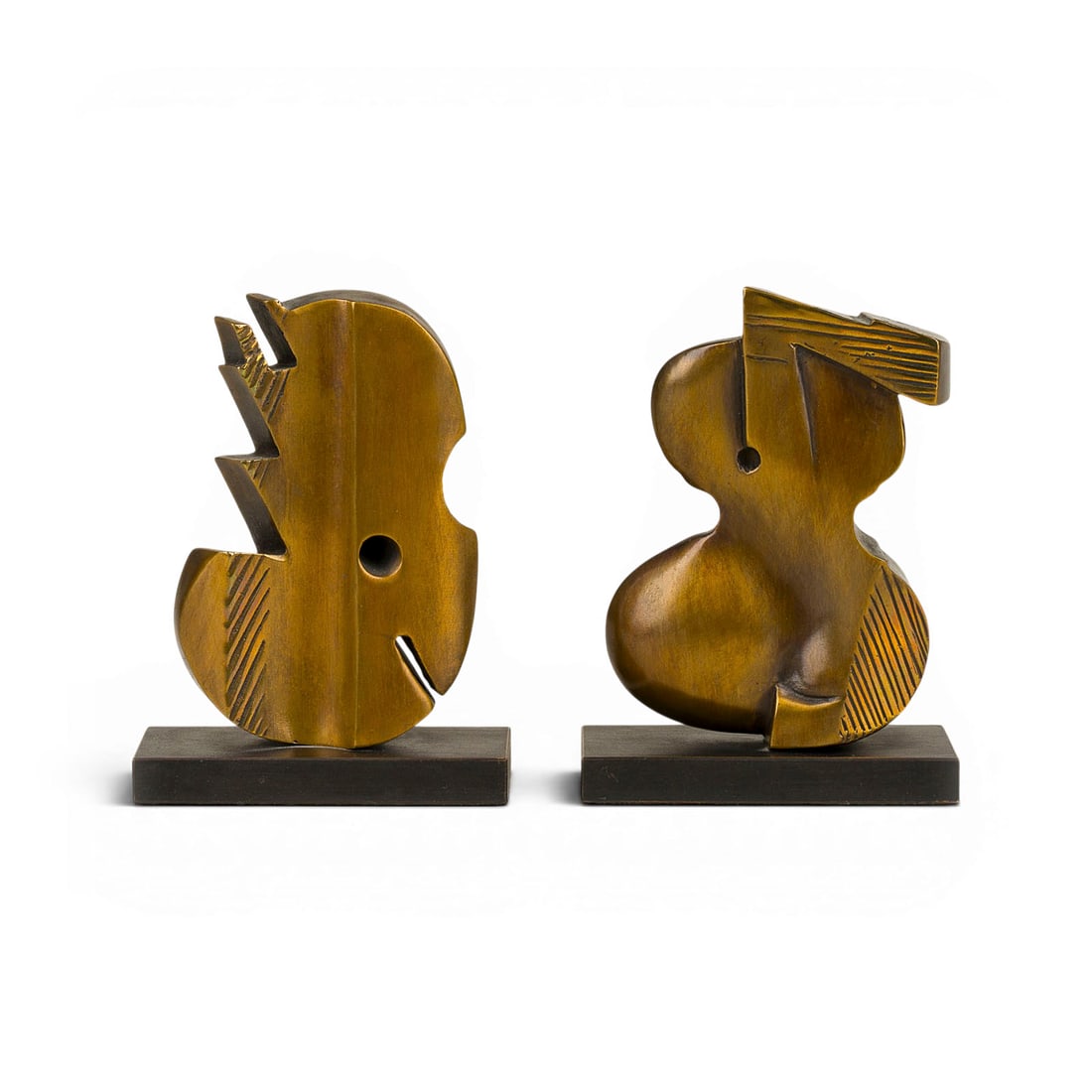 KARL-HEINZ DENNIG | 'RHYTHM AND MELODY': KARL-HEINZ DENNIG 1939 Wilferdingen 'RHYTHM AND MELODY' Bronze, gold brown patinated and polished, on black patinated plinth. Each approx. 11 x 8 x 3.7 cm. Total weight 1.49 kg. Each signed 'Karl Denn