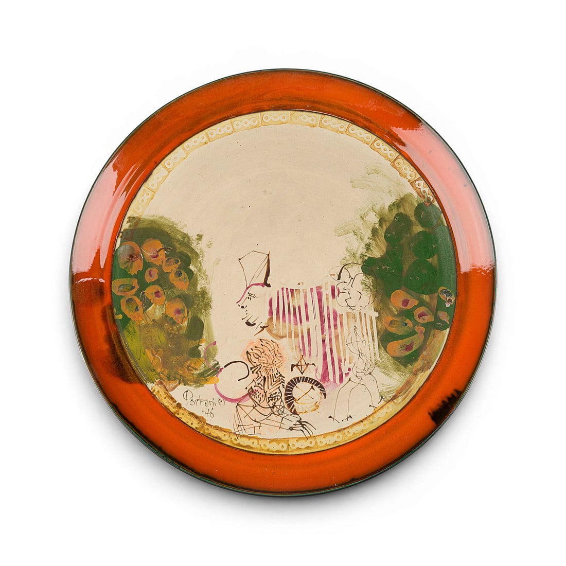 GILBERT PORTANIER | WANDTELLER: GILBERT PORTANIER 1926 Cannes, France - 2023 Vallauris WALL PLATE Vallauris, 1976 Brick-red clay, center with polychrome abstract-figurative glaze painting over sandcoloured matt body, glossy red-oran
