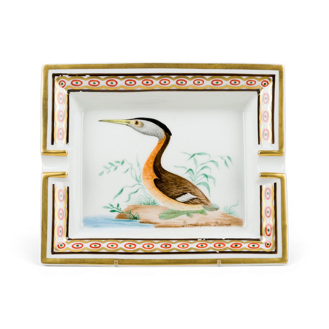 ATELIER HERMES | ASCHENBECHER 'HAUBENTAUCHER': ATELIER HERMES France ASHTRAY 'PODICEPS' White porcelain, polychrome overglaze decoration, gold trim, bands in brown, gold, red and green. H. 3,5 cm, W. 19 cm, D. 16 cm. Marked 'HERMES - PARIS' and 'M