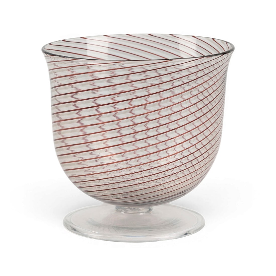 BIRGITTA CARLSSON & OVE THORSSEN | KLEINE TAZZA: BIRGITTA CARLSSON & OVE THORSSEN Sweden TAZZA Italy, Venini & C., c. 1975 Colourless glass, red-violet 'filigrana' thread melting. H. 10 cm, D. 10,5 cm. Marked underneath 'venini italia' and artist's 