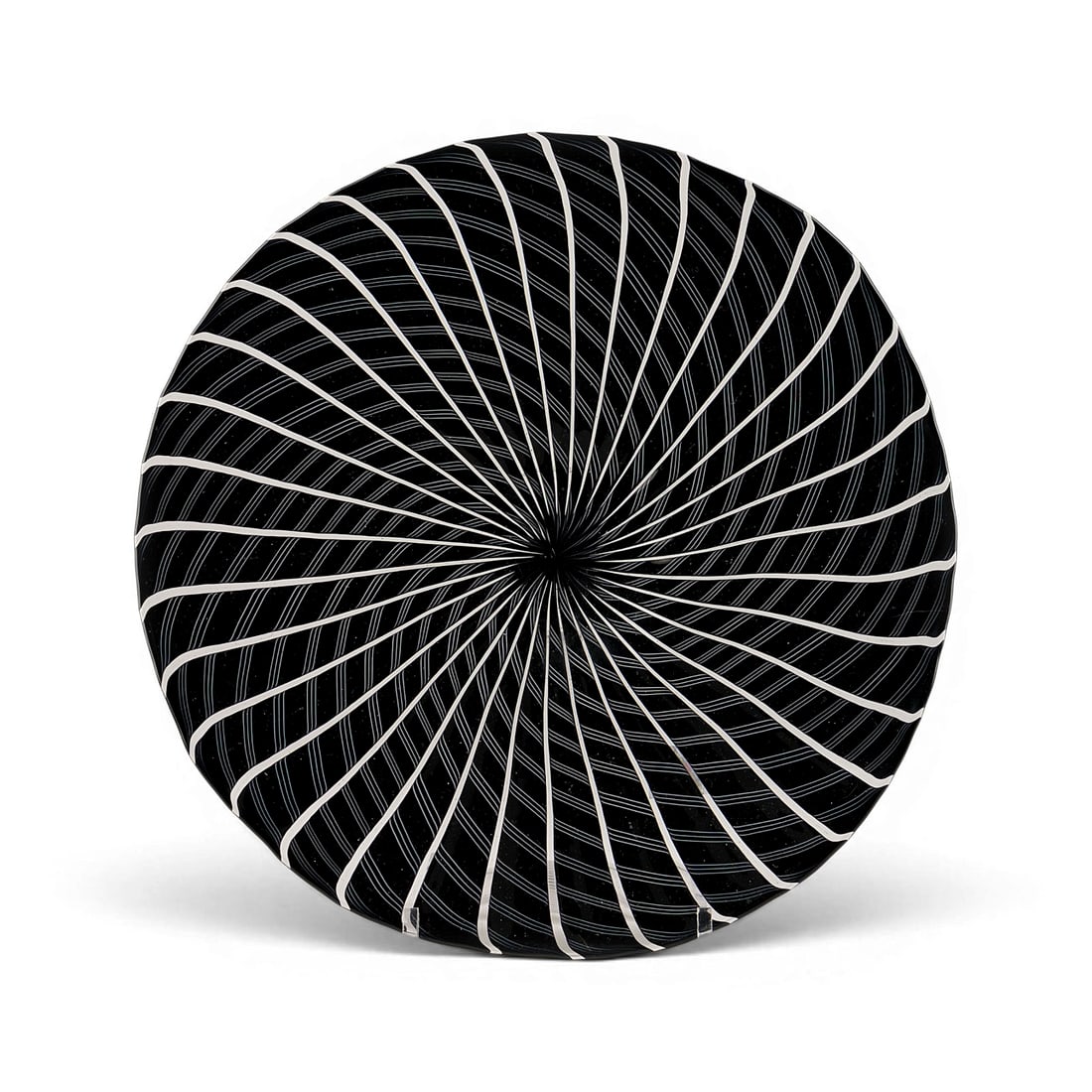 MARIO TICCO | SCHALE 'FILIGRANA A CANNE': MARIO TICCO Italy 'FILIGRANA A CANNE' BOWL Murano, VeArt Black glass, white 'filigrana' thread fusing, colourless overlay 'a canne' technique. H. 4 cm, D. 29 cm. Marked 'Veart Venezia' (incised). Some