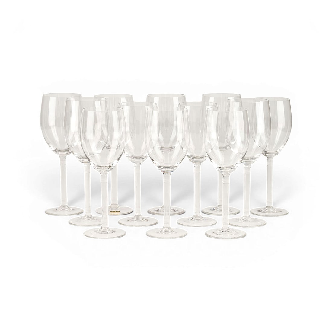 CARTIER | ZWOELF WEINGLAESER 'LA MAISON DES MUST': CARTIER France TWELVE WINE GLASSES 'LA MAISON DES MUST' Cartier, 1988 Colourless glass, oval stem with relief decoration, partially frosted, bell-shaped bowl. H. 22,5 / 21,5 cm, D. max. 8 / 7,5 cm. Ma