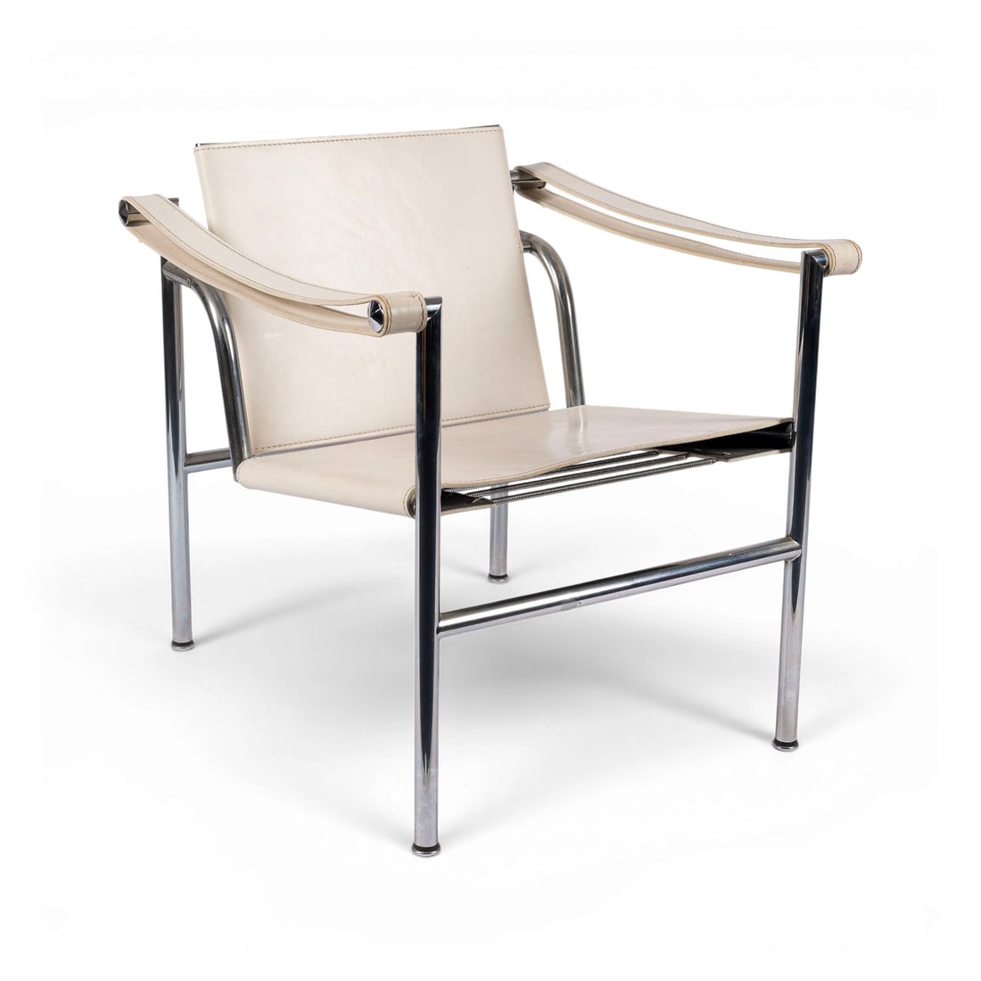 LE CORBUSIER, JEANNERET & PERRIAND | ARMLEHNSTUHL MODELL 'LC 1': LE CORBUSIER, JEANNERET & PERRIAND 'LC 1' ARMCHAIR Cassina, reedition since 1965, original design of 1928 Chrome-plated steel, white leather. H. 66 cm, W. 59 cm, D. 65 cm. Marked Cassina and 'LC 1 278