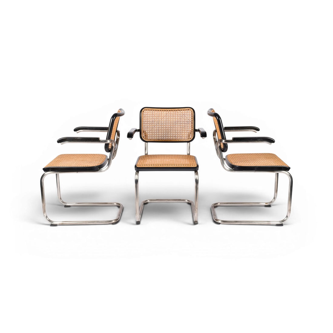 MARCEL BREUER | DREI 'S 64' FREISCHWINGER SONDERAUSFUEHRUNG: MARCEL BREUER 1902 Pecs (Hungary) - 1981 New York City THREE 'S 64' CANTILEVER CHAIRS SPECIAL EDITION Germany, Thonet, designed in 1929, ed. 1999 Tubular stainless steel, black lacquered wood, 'Vienne