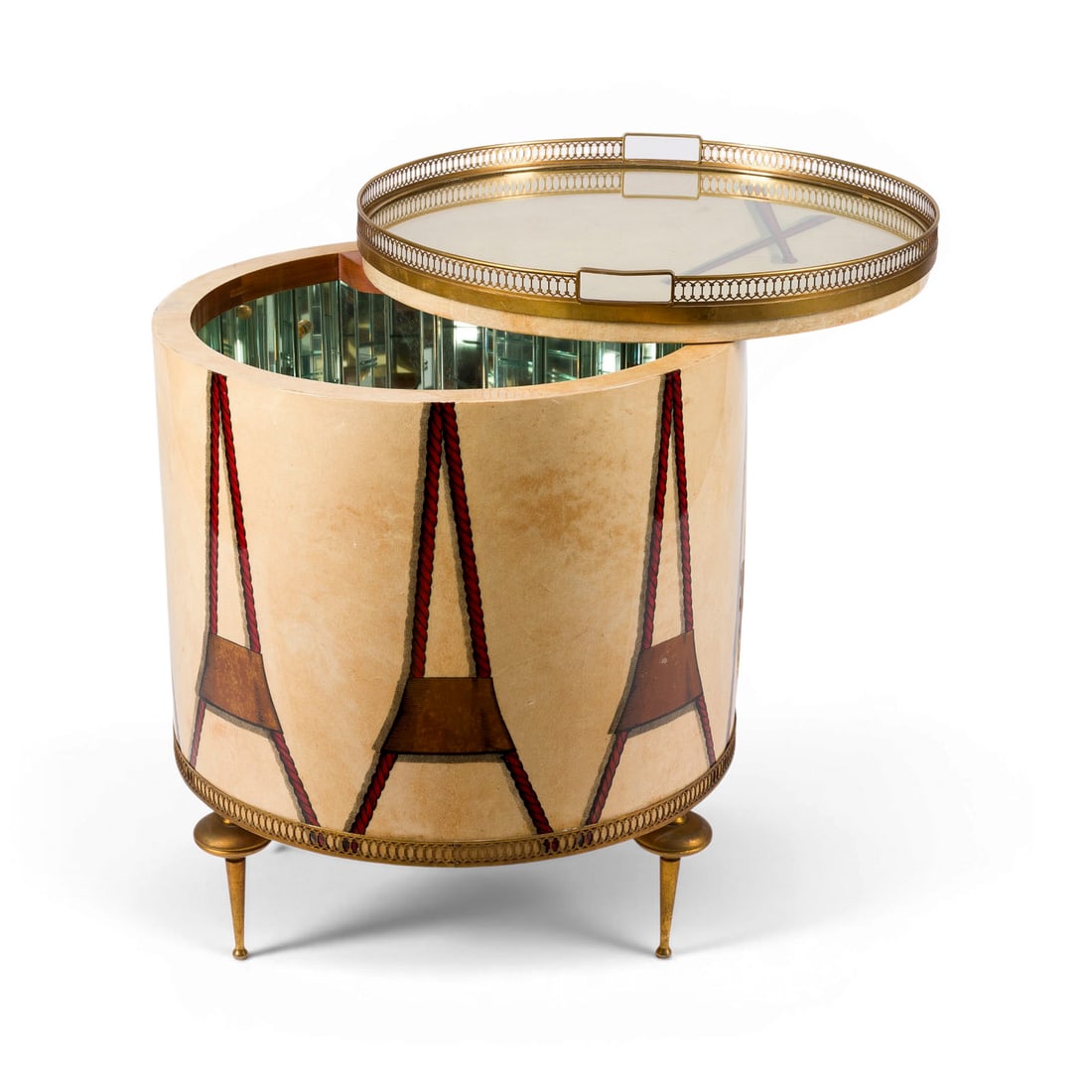 ALDO TURA | BARSCHRANK 'TAMBURO': ALDO TURA 1909 - 1963 'TAMBURO' BAR CABINET Italy, Tura Milan, around 1960 Wood, brass, goatskin parchment, with coloured trompe-l'oil printed motifs, clear lacquer finish, glass and mirrored glass. H