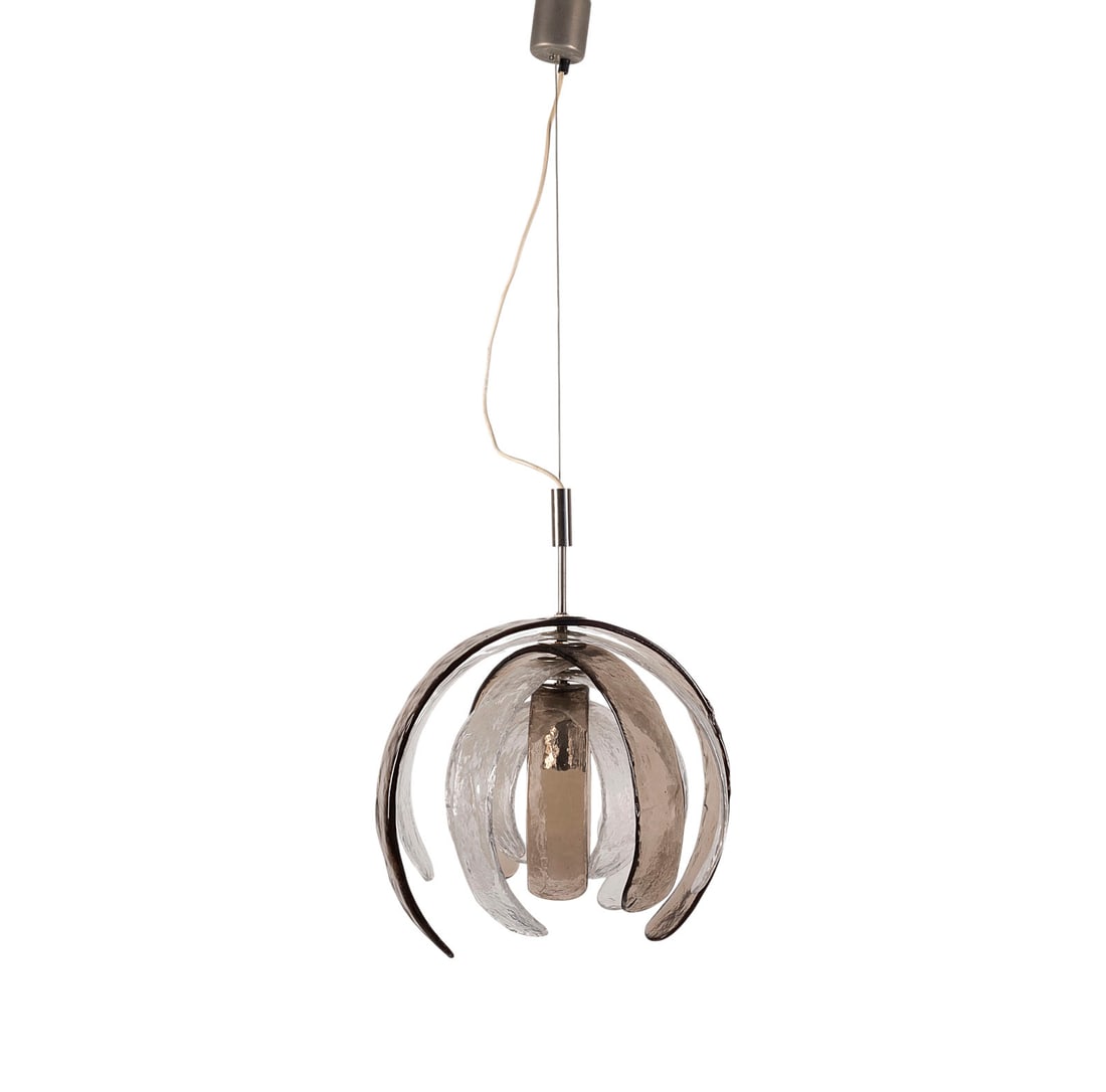 CARLO NASON | HAENGELAMPE MODELL 'LS 181': CARLO NASON 1935 Murano A MODEL 'LS 181' PENDANT LIGHT Italy, Mazzega, designed c. 1975 Murano 'A Piastra' glass, colourless and tobacco-coloured, nickel-plated metal. H. 43 cm, D. 43 cm, L. approx. 9