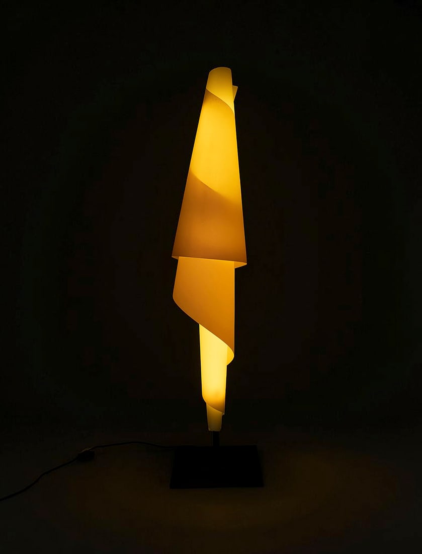 JOSEP AREGALL | 'ALTA COSTURA' STEHLAMPE: JOSEP AREGALL 1957 Barcelona 'ALTA COSTURA' FLOOR LAMP Spain, Metalarte, designed in 1992 Black lacquered steel, white plastic foil, 2-light electrified. H. 220 cm, W. 50 cm, D. 50 cm. Marked with man