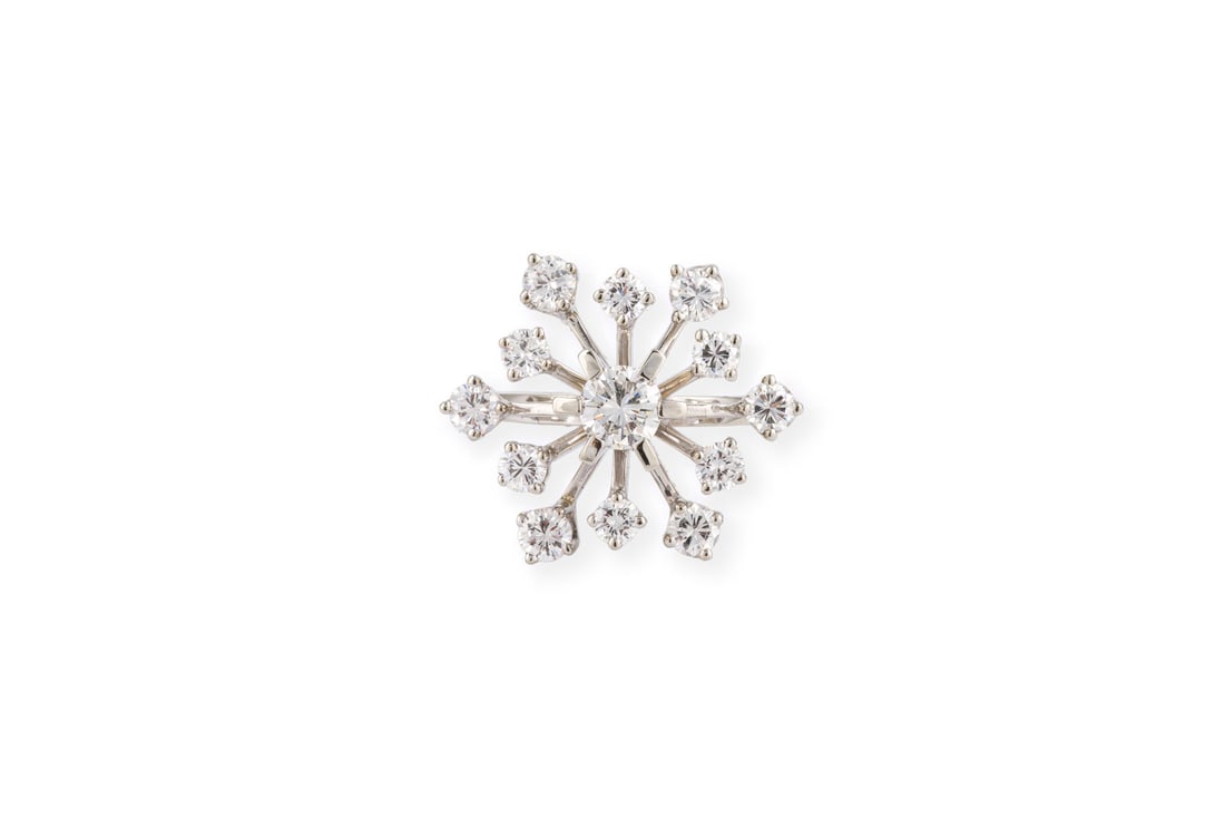 EISFLOCKEN COCKTAIL RING: EISFLOCKEN COCKTAIL RING WG 750. Ringmass: ca. 51. Ringkopfmasse: ca. 19,7 x 16,7 mm. Ges.-Gew.: ca. 5,1 g. Ring, in Form einer Eisflocke, besetzt mit Brillanten zus. ca. 1.20 ct. F-G/VVS-VS.