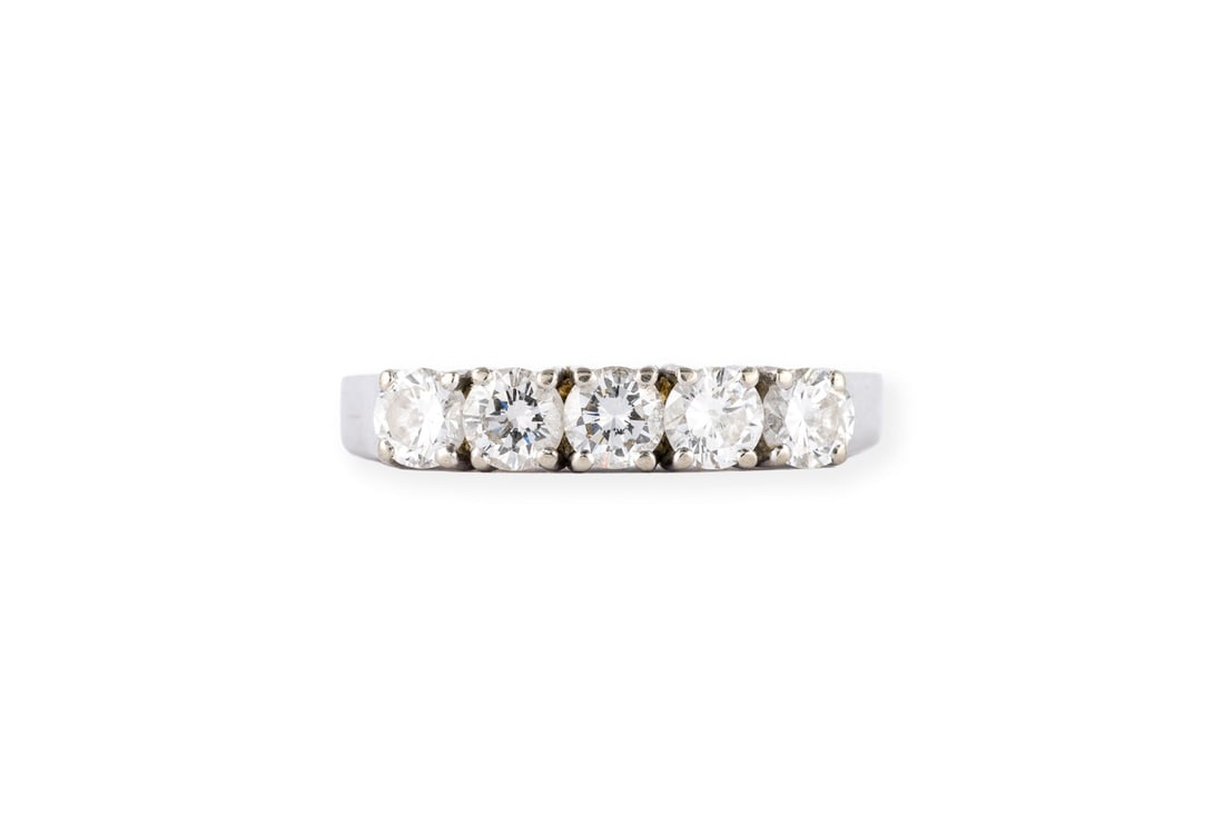 BRILLANT VORSTECK RING: BRILLANT VORSTECK RING WG 585. Ringmass: ca. 57. Ges.-Gew.: ca. 2,4 g. Ring, besetzt mit 5 Brillanten zus. ca. 0.80 ct. F-G/VVS-VS.