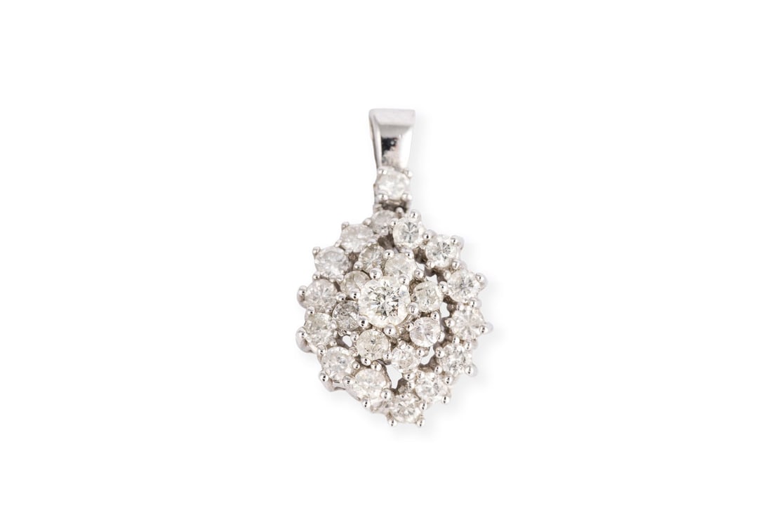 WIRBEL BRILLANT ANHAENGER: WIRBEL BRILLANT ANHAENGER WG 585. Masse: ca. 21,6 x 12,6 mm. Ges.-Gew.: ca. 3,1 g. Anhaenger, besetzt mit Brillanten zus. ca. 0.75 ct. F-G/VS-P.