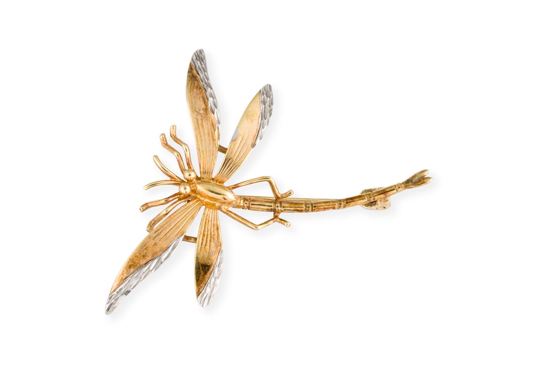 LIBELLEN BROSCHE: LIBELLEN BROSCHE WG/GG 375. Masse: ca. 38,0 x 41,0 mm. Ges.-Gew.: ca. 3,5 g. Brosche in Form einer Libelle.