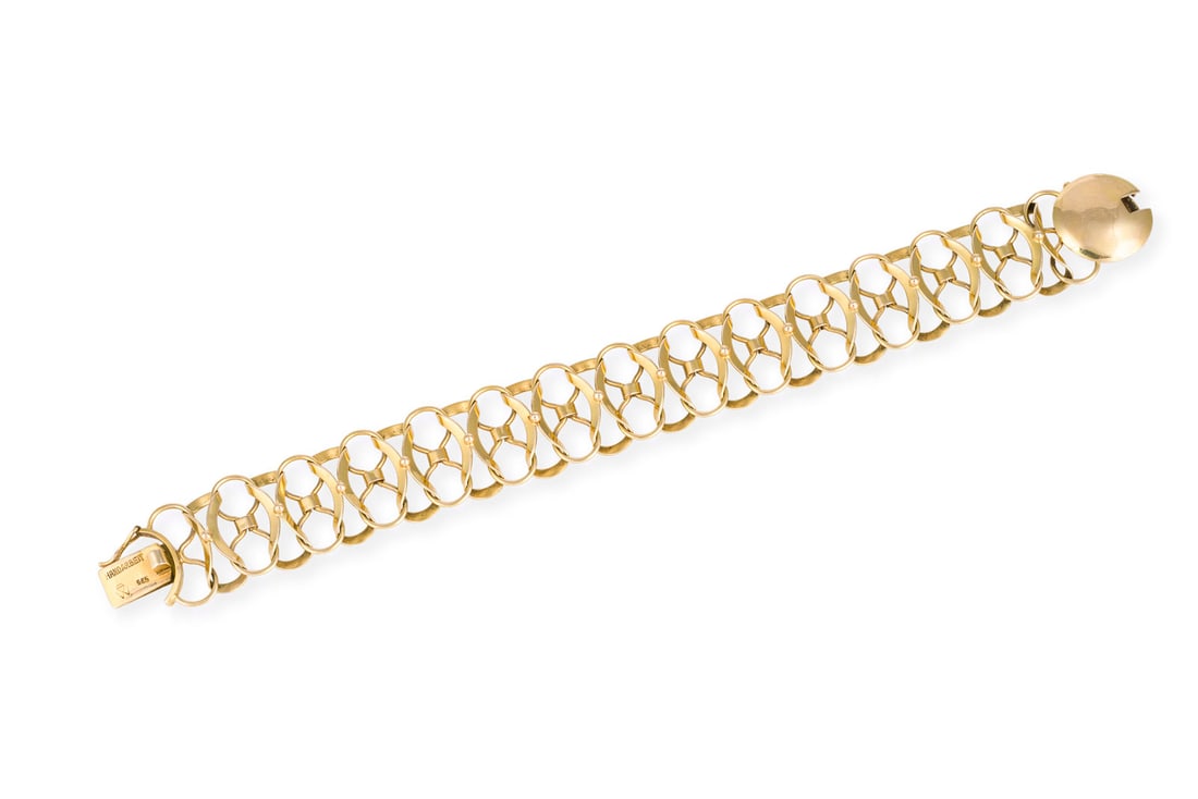 RETRO ARMBAND: RETRO ARMBAND GG 585. Masse: L.: ca. 20,5 cm. B.: ca. 21,3 mm. Ges.-Gew.: ca. 29,3 g. Armband aus verbundenen Infinity-Elementen. Kastenschloss mit Sicherheitsacht.