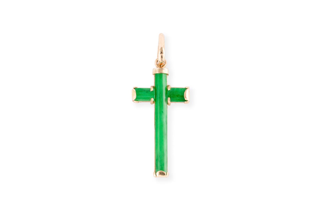 JADE KREUZ ANHAENGER: JADE KREUZ ANHAENGER GG 585 (getestet). Masse: ca. 40,7 x 16,2 mm. Ges.-Gew.: ca. 2,2 g.