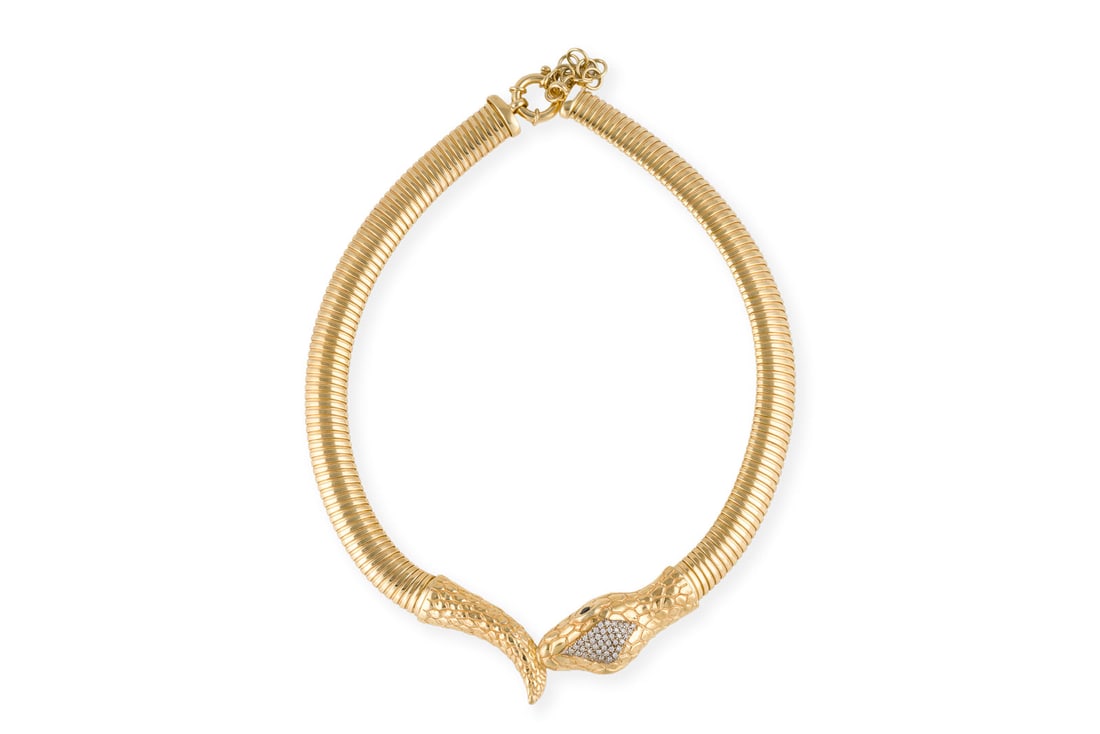 SCHLANGEN COLLIER: SCHLANGEN COLLIER AG vergoldet. L.: ca. 43,0 cm mit 4,0 cm Verlaengerung. Ges.-Gew.: ca. 58,1 g. Collier in der Form einer Schlange.