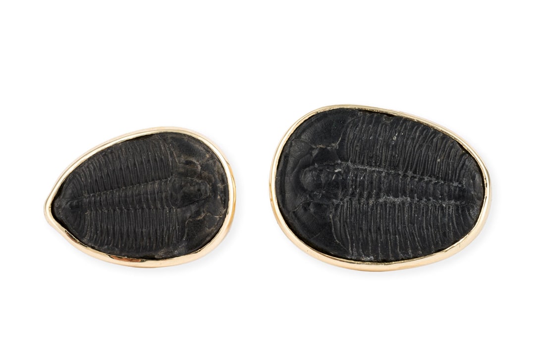 FOSSILIEN MANSCHETTEN KNOEPFE: FOSSILIEN MANSCHETTEN KNOEPFE GG 585. Masse: ca. 25,2-28,9 x 18,2-21,5 mm. Ges.-Gew.: ca. 20,0 g. Manschettenknoepfe mit Fossilien in unterschiedlichen Groessen.