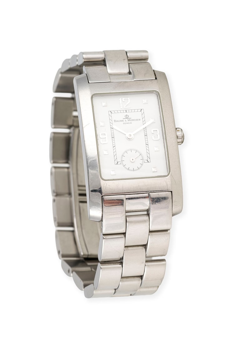 'BAUME & MERCIER' HAMPTON ARMBANDUHR: BAUME & MERCIER' HAMPTON ARMBANDUHR Referenznummer: MV045063. Quarz (Nicht auf Funktion geprueft). Edelstahl. B.: ca. 24,5 mm. Inkl. Papiere aus 2002. Doppelfaltschliesse.