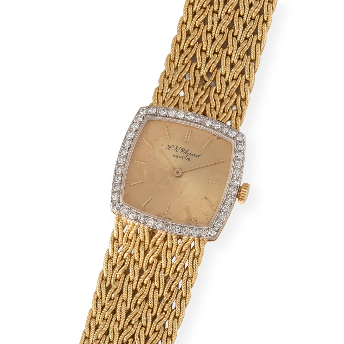 'CHOPARD' ARMBANDUHR: CHOPARD' ARMBANDUHR (Nicht auf Funktion geprueft). GG/WG. L. 18,5 cm, Ges.-Gew. ca. 62,9 g. Goldfarbenes Zifferblatt, bez. 'L.-U. Chopard - Geneve - Swiss Made', Stabindexe, Krone mit