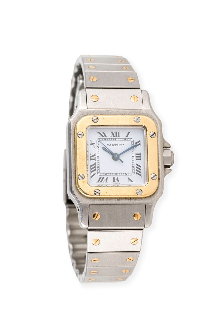 'CARTIER' SANTOS ARMBANDUHR: CARTIER' SANTOS ARMBANDUHR Quarz (Nicht auf Funktion geprueft). Edelstahl, Gold. B.(Gehaeuse): ca. 24,0 mm. Ges.-Gew.: ca. 59,5 g. Inkl. orig. Box und Umverpackung. Faltschliesse.