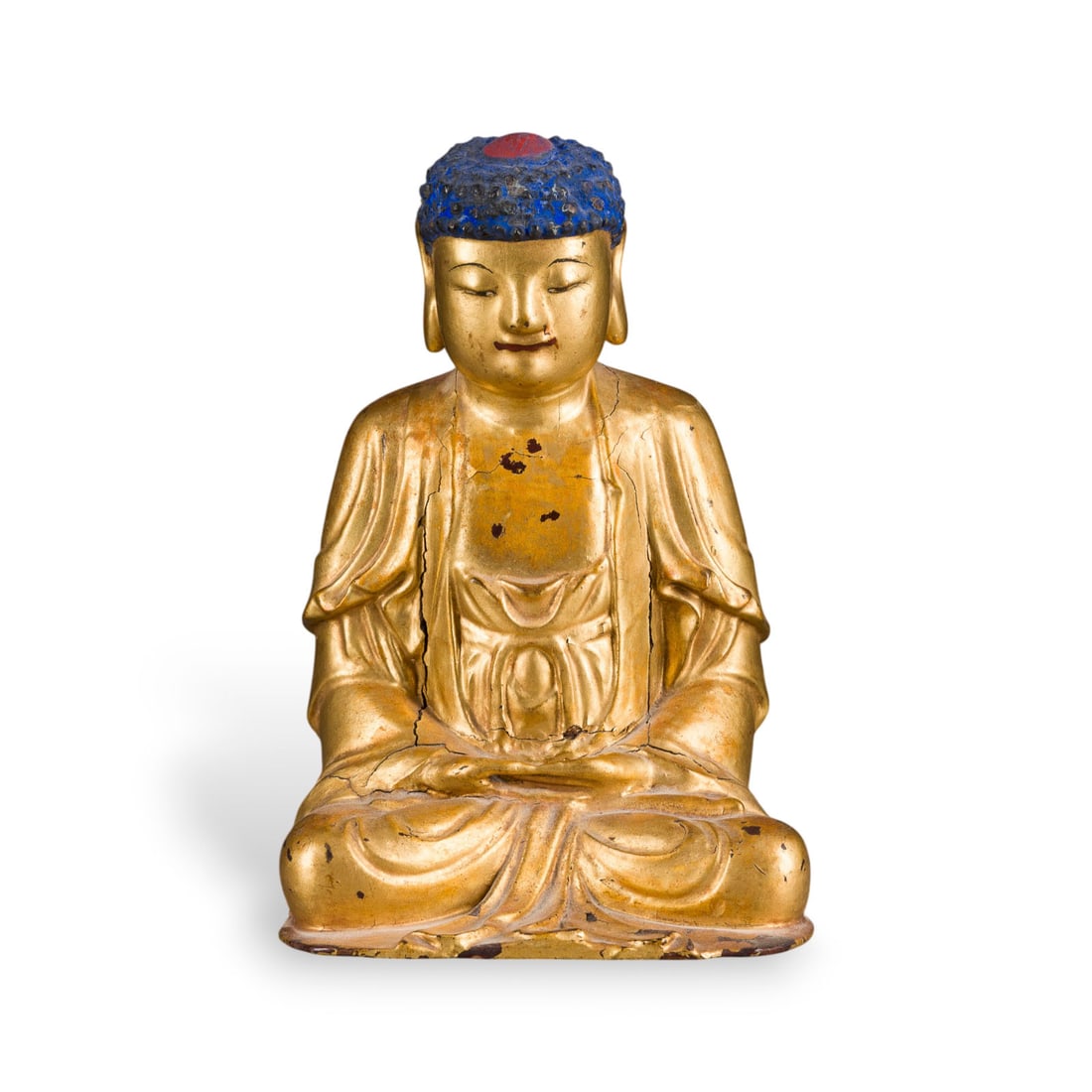 EINE FIGUR DES BUDDHA AUS HOLZ MIT LACKAUFLAGE UND VERGOLDUNG (1 of 4)