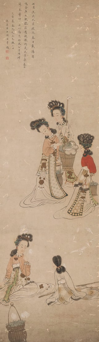 DAMEN, NACH TRADITIONELLEN MEISTERN: LADIES AFTER TRADITIONAL MASTERS China, late Qing dynasty Ink and colour on paper, framed and under glass. 115 ? 34.5 cm (excl. frame). The painting depicts ladies in a spring setting. It is signed 'D