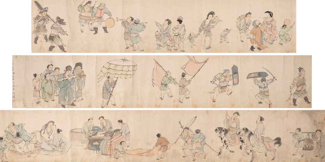 NACH ZHANG CHONG, SZENEN DES ALLTAGSLEBENS: AFTER ZHANG CHONG, SCENES OF EVERYDAY LIFE China Ink and colour on paper, mounted as a handscroll. 31.5 ? 503 cm. The painting depicts scenes of everyday life with figures. Signed 'Zhang Chong' and be
