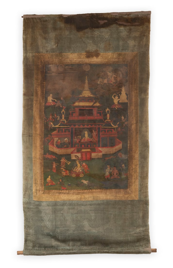 EIN THANGKA MIT DARSTELLUNG AUS DEM LEBEN DES BUDDHA: A THANGKA DEPICTING THE LIFE OF THE BUDDHA China (Tibet), probably 19th century Distemper on cloth, framed and under glass. Image size: ca. 50 ? 33 cm; 118 ? 71.5 cm (incl. frame). The thangka depicts
