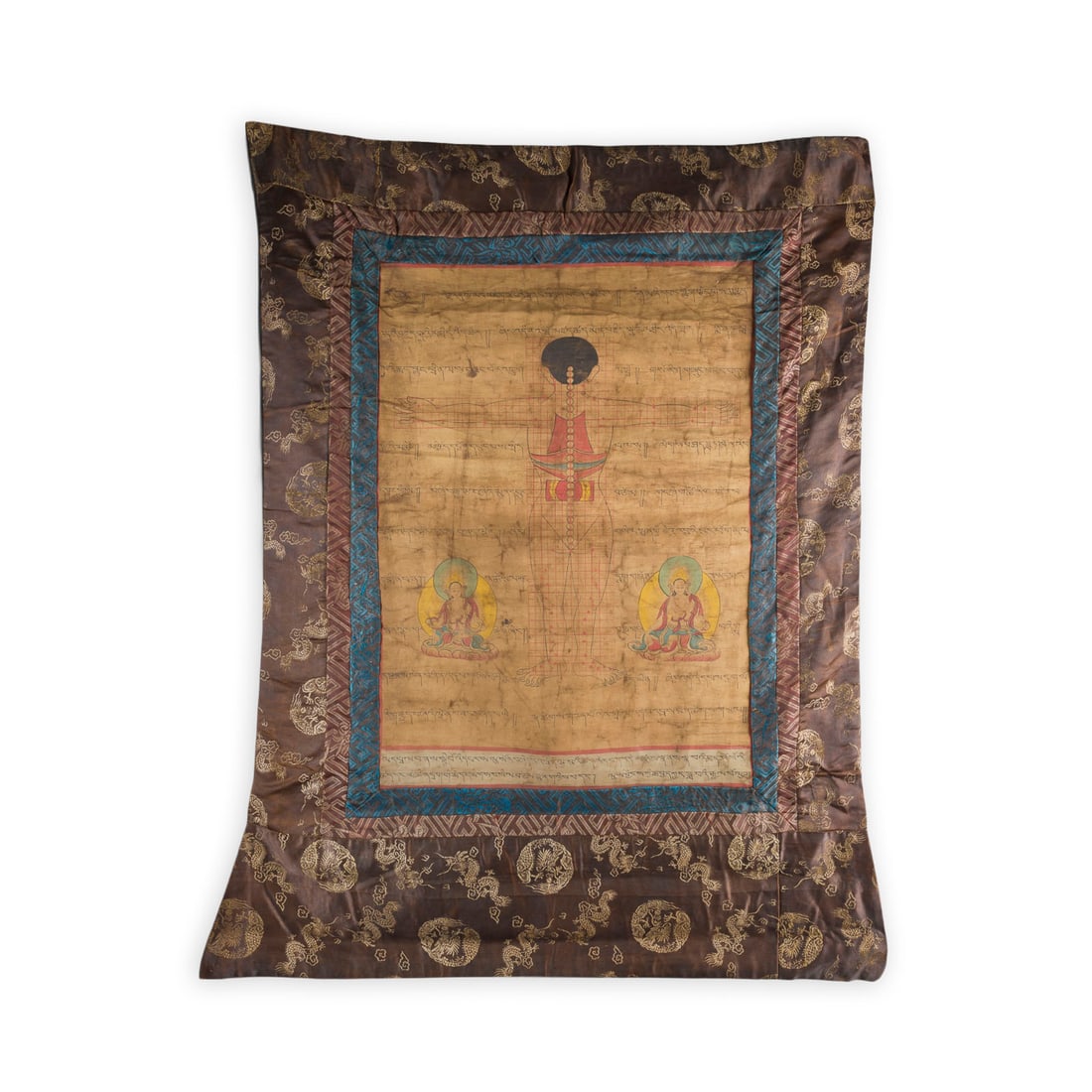 EIN MEDIZINISCHES THANGKA: A MEDICAL THANGKA Tibet/Nepal, 20th century Distemper on cloth, framed. 62 ? 43.5 cm (excl. frame). With traces of age, partially creased and stained.EIN MEDIZINISCHES THANGKA Tibet/Nepal, 20.