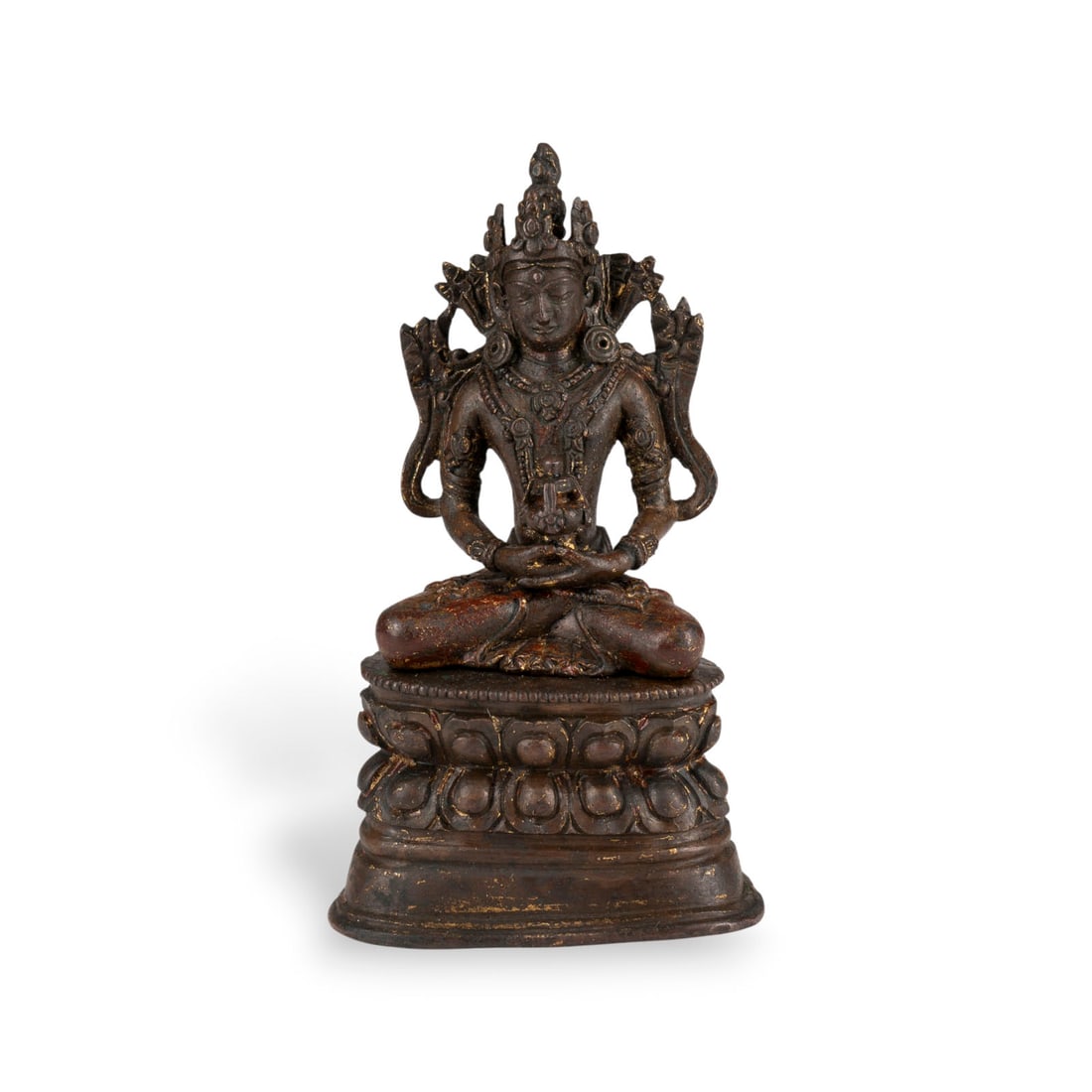 EINE BRONZEFIGUR DES AMITAYUS: A BRONZE FIGURE OF AMITAYUS China (Tibet), 19th century. Bronze. H. 14.5 cm. With traces of age and gilding, partially abraded.EINE BRONZEFIGUR DES AMITAYUS China (Tibet), 19. Jahrhudnert. Bronze. H.