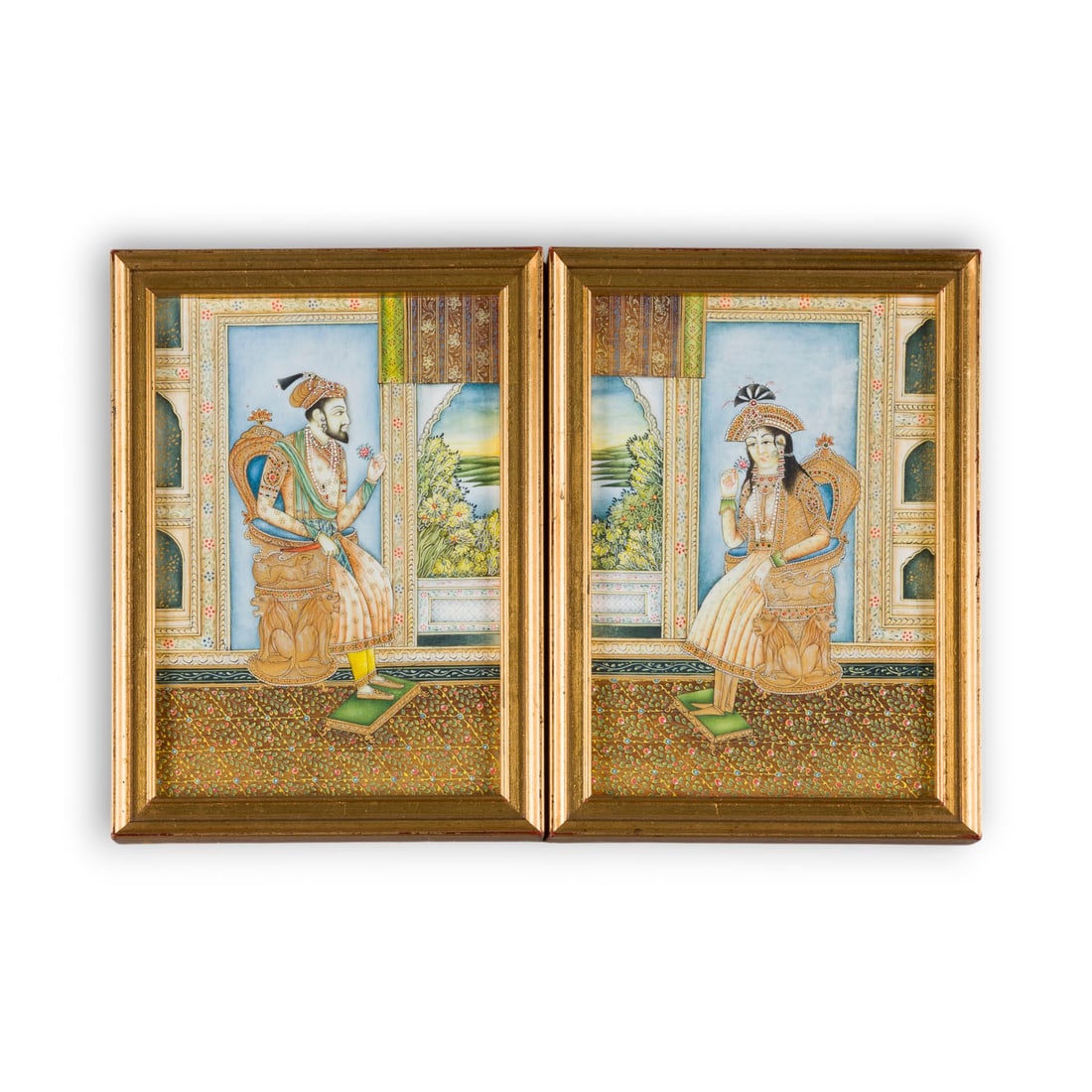 EIN PAAR PORTRAETS EINES MOGULHERRSCHERS UND SEINER GEMAHLIN: A PAIR OF PORTRAITS DEPICTING A MUGHAL EMPEROR AND HIS CONSORT India, 19th/20th century Ink and colour on bone, framed. 16.5 ? 24.5 cm. With traces of age, slight abrasion.EIN PAAR PORTRAETS EINES MOG