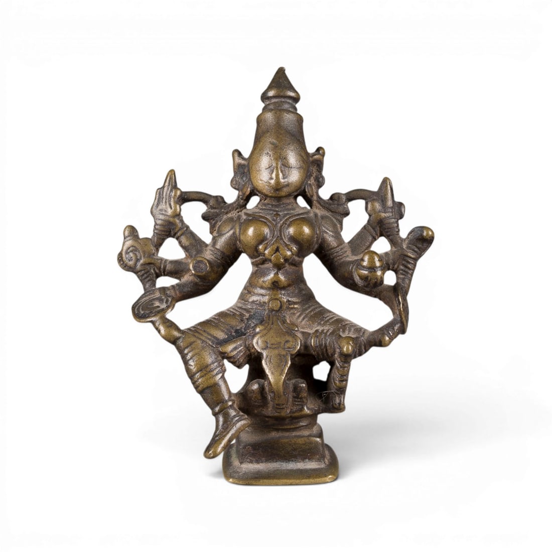 EINE KLEINE BRONZEFIGUR DER GOETTIN DURGA: A MINIATURE BRONZE FIGURE OF THE GODDESS DURGA India, 19th/20th century Bronze. H. 8.3 cm. With traces of age, partially abraded and damaged.EINE KLEINE BRONZEFIGUR DER GOETTIN DURGA Indien, 19./20. J