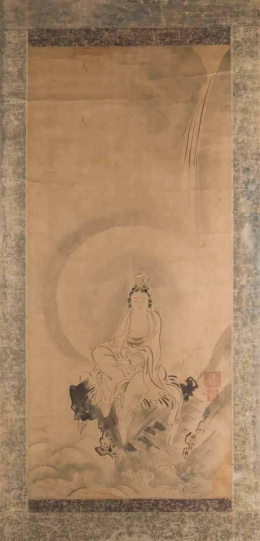 EINE HAENGEROLLE MIT DARSTELLUNG DER KANNON: A KAKEMONO DEPICTING KANNON Japan, Meiji period Ink on paper, framed and under glass. 119 ? 67 cm (incl. frame). With two seals of the artist. With traces of age, partially damaged, stained and