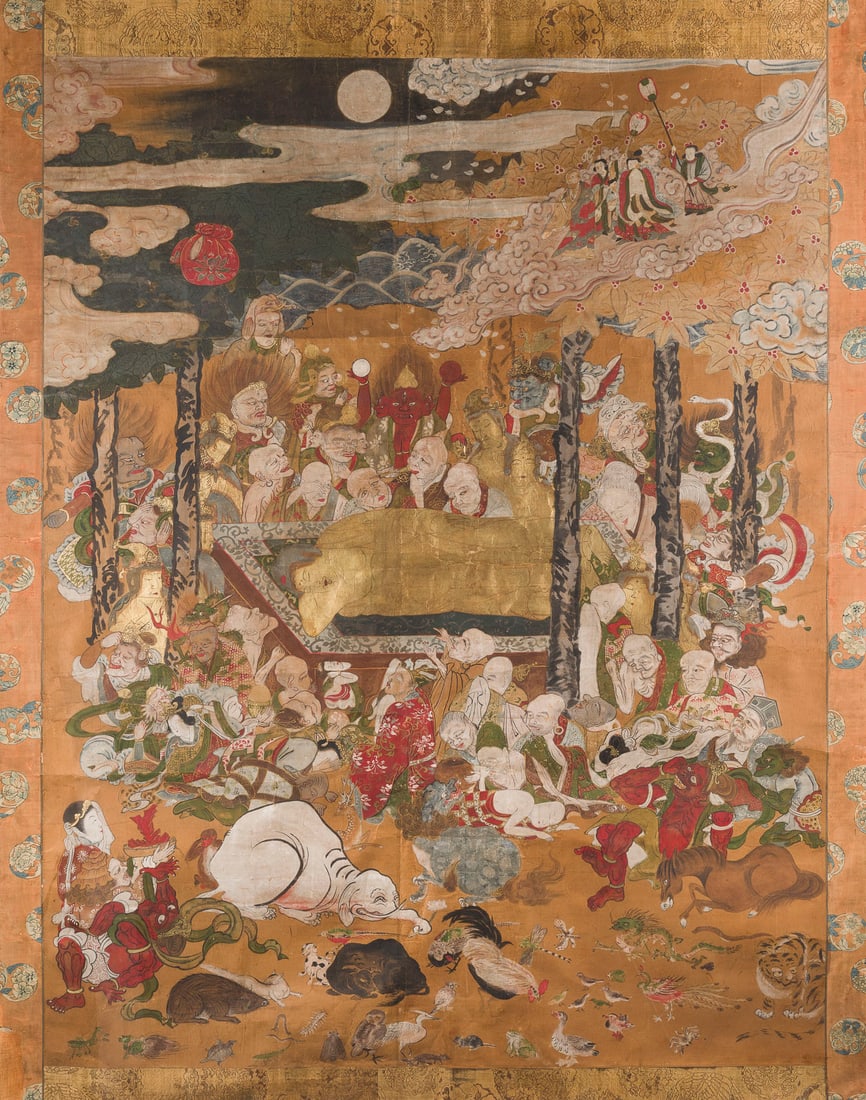 EIN GROSSES POLYCHROMES HAENGEROLLENBILD MIT DARSTELLUNG DES PARINIRVANA: A LARGE POLYCHROME KAKEMONO DEPICTING THE PARINIRVANA Japan, 19th century Ink and colour on paper, framed and under glass. 163 ? 133 cm (incl. frame). The painting depicts the Parinirvana of the
