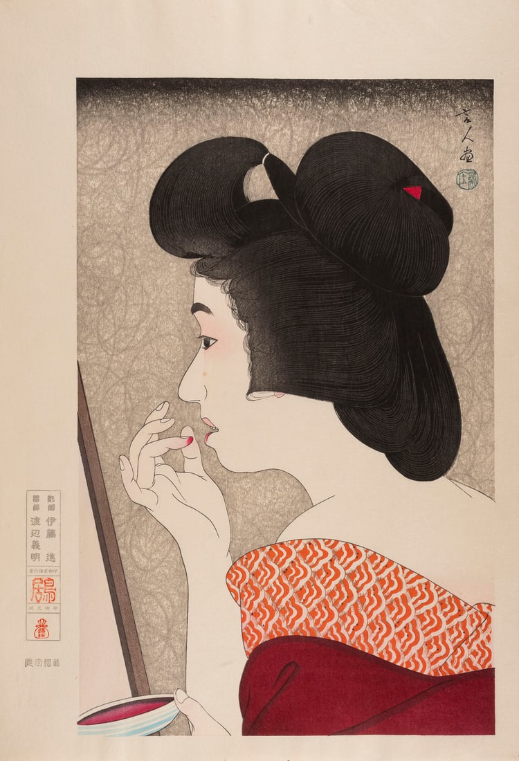 NACH TORII KOTONDO, ''LIPPENSTIFT'': AFTER TORII KOTONDO, 'LIPSTICK' Japan, 20th century Woodblock print. 48.5 x 33 cm. With traces of age, slightly stained.NACH TORII KOTONDO, ''LIPPENSTIFT'' Japan, 20. Jahrhundert Holzschnitt. 48,5 ?