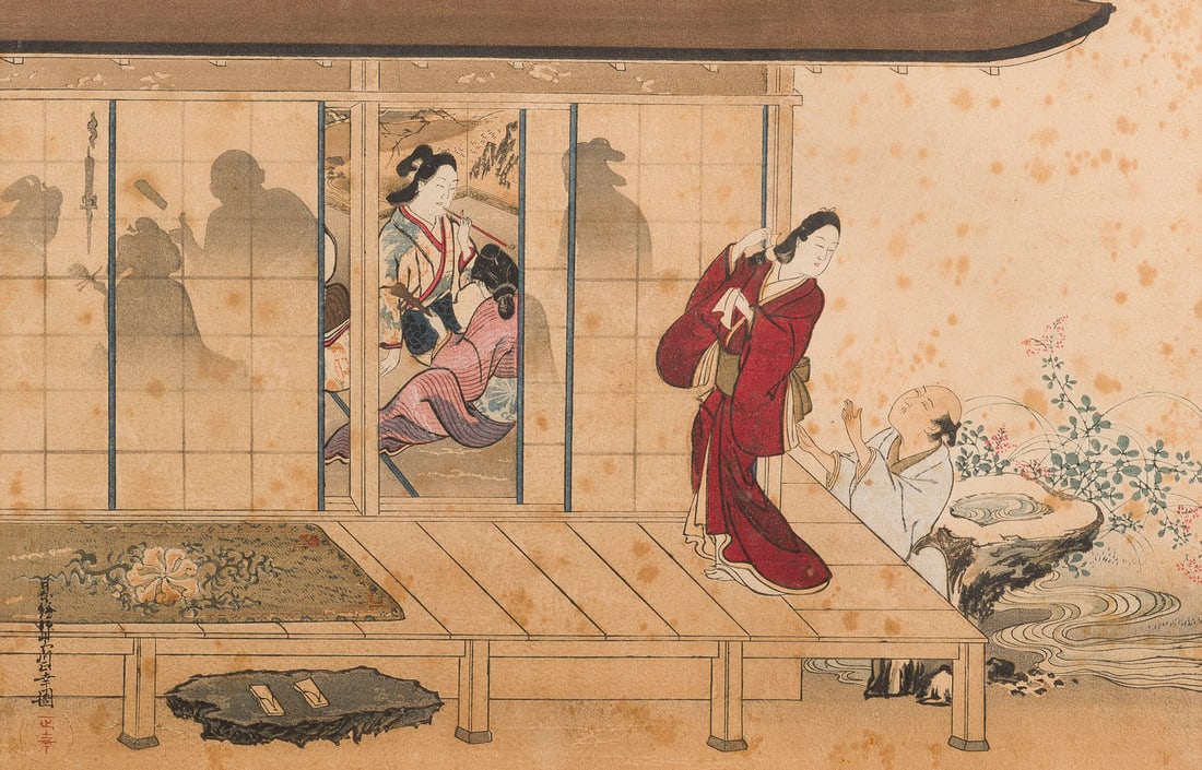 KONVOLUT VON ZWEI HOLZSCHNITTEN: TWO WOODBLOCK PRINTS Japan Woodblock prints, framed and under glass. 32 ? 42 - 41 ? 32.5 cm. With traces of age, partially stained.KONVOLUT VON ZWEI HOLZSCHNITTEN Japan Holzschnitte, gerahmt und