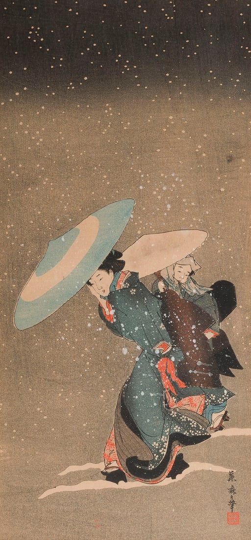 KONVOLUT VON DREI HOLZSCHNITTEN: A GROUP OF THREE WOODBLOCK PRINTS Japan Woodblock prints, framed and under glass. 36.5 ? 28.2 - 52.5 ? 31.2 cm. The group includes one 'Night Rain at Kiritoshi' by Takahashi Shotei, one 'Outing in a