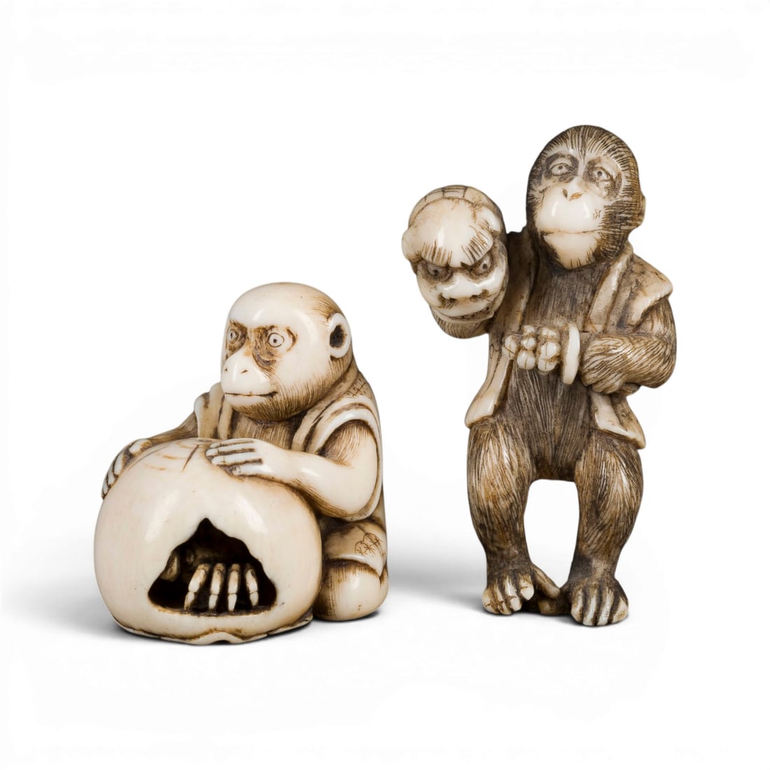 ZWEI NETSUKE VON AFFEN AUS ELFENBEIN* (1 of 3)