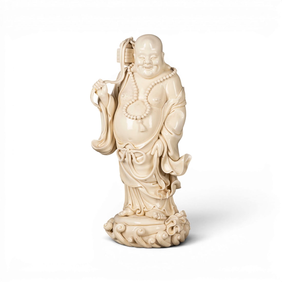 EINE BLANC-DE-CHINE-FIGUR DES BUDAI: A BLANC DE CHINE FIGURE OF BUDAI China Porcelain. H. 48 cm. Partially cracked, damaged and restored.EINE BLANC-DE-CHINE-FIGUR DES BUDAI China Porzellan. H. 48 cm. Teilweise gerissen, beschaedigt und r