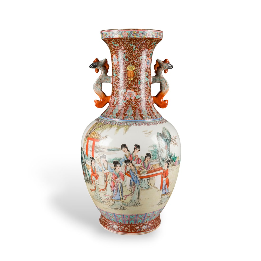 EINE FAMILLE-ROSE-VASE MIT FIGURENDARSTELLUNG: A FAMILLE ROSE 'FIGURAL' VASE China, 20th century Porcelain. H. 52.7 cm. With traces of age and use, partially abraded.EINE FAMILLE-ROSE-VASE MIT FIGURENDARSTELLUNG China, 20. Jahrhundert Porzellan. H