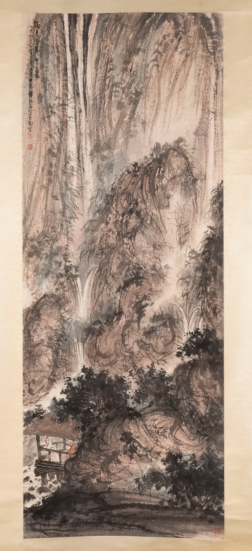 FU BAOSHI (MIT SIGNATUR VON), LANDSCHAFT: FU BAOSHI (WITH SIGNATURE), A LANDSCAPE China Ink and colour on paper, mounted as a hanging scroll. 140 ? 54 cm (excl. mount). The painting is signed and bears three seals. With traces of age.FU BAOSH