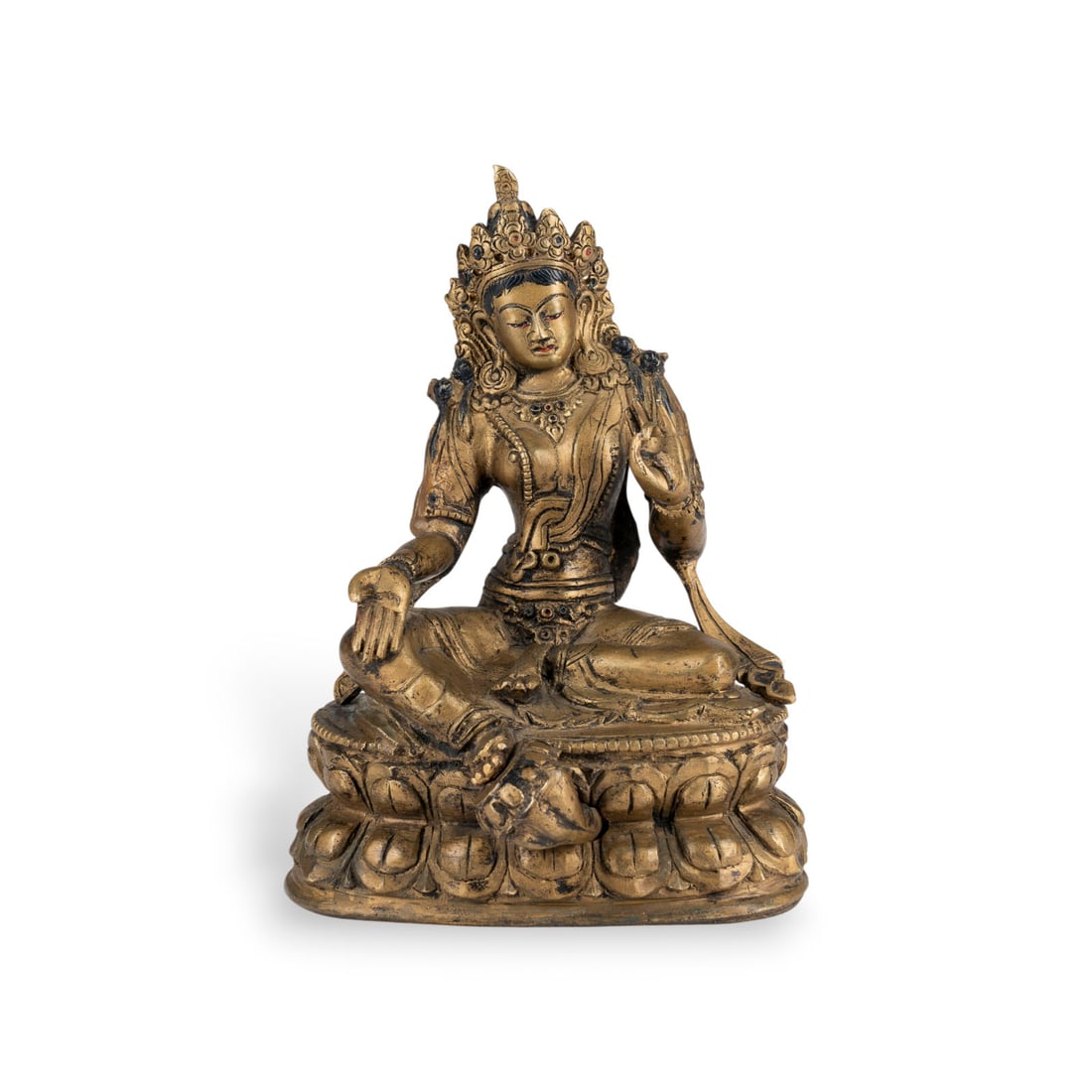 EINE BRONZEFIGUR DER GRUENEN TARA: A BRONZE FIGURE OF GREEN TARA Nepal Bronze. H. 15.6 cm. Partially abraded.EINE BRONZEFIGUR DER GRUENEN TARA Nepal Bronze. H. 15,6 cm. Teilweise berieben.