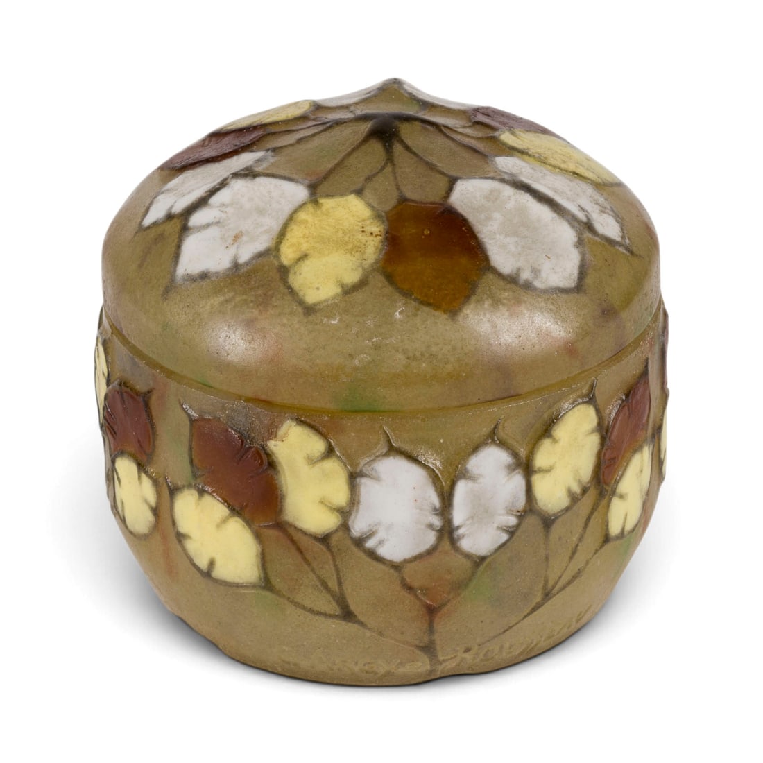 GABRIEL ARGY-ROUSSEAU | DECKELDOSE: GABRIEL ARGY-ROUSSEAU 1885 Meslay-le-Vidame/Eure et Loire - 1953 Paris DECKELDOSE Frankreich, Paris, um 1910 Glaspaste (pate de verre) in Gelb, Weiss und Braun, formgeschmolzen. H. 8,5 cm, D. 9,2 cm.
