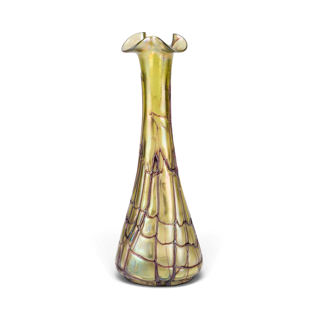 | JUGENDSTILVASE: JUGENDSTILVASE Tschechien, Kosten bei Teplitz, Glasfabrik Elisabeth, Pallme-Koenig & Habel, um 1900 Farbloses Glas, gruenerUeberfang, braune Faeden. H. 32 cm. Teilw. rest.JUGENDSTILVASE Tschechien,