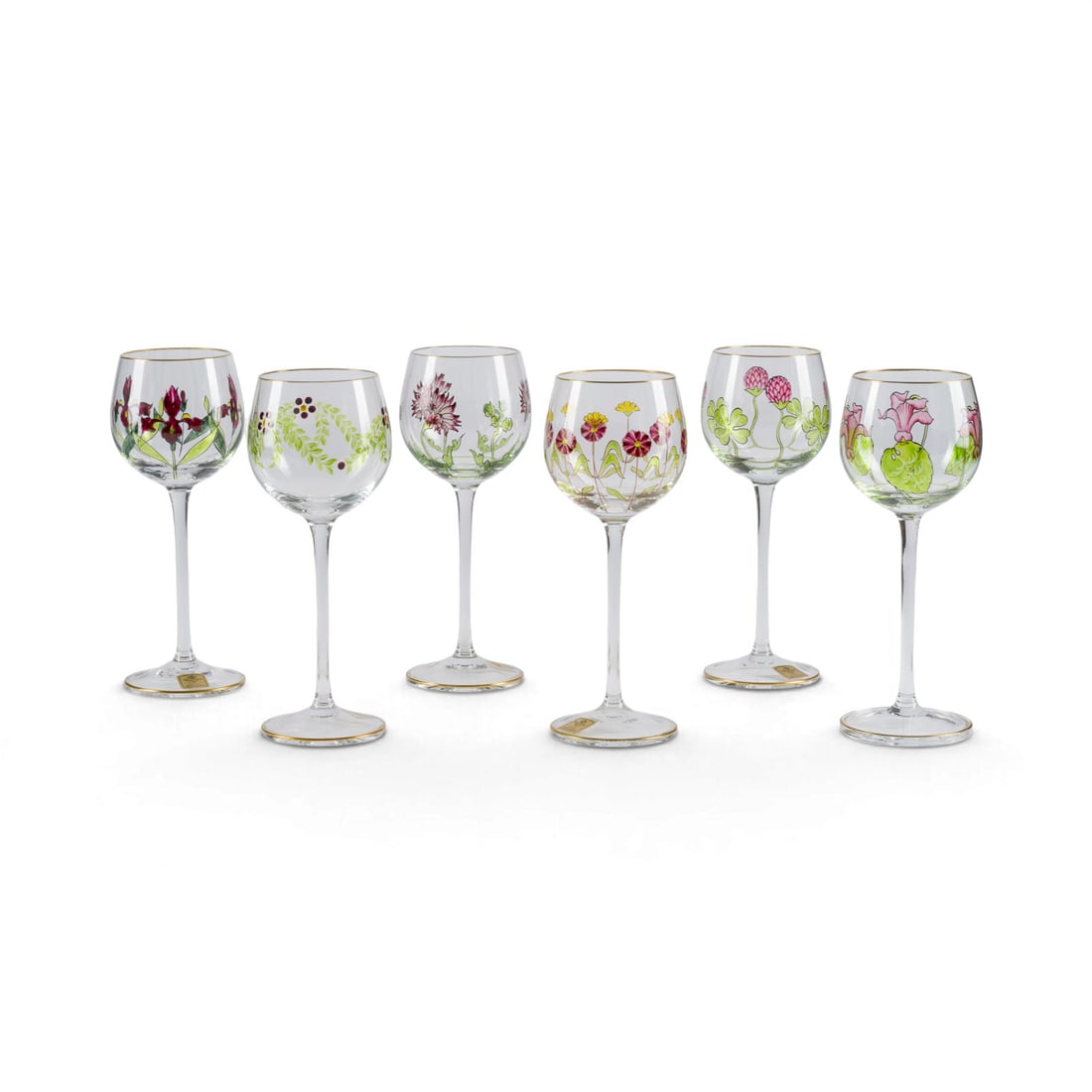 | SECHS JUGENDSTIL-WEINGLAeSER: SECHS JUGENDSTIL-WEINGLAeSER Deutsch, Theresienthal, 1900-1910 Farbloses Glas, kugelige Kuppa mit schwarz konturierter Emailmalerei, Goldrand. H. 20 cm. Fuenf originale Klebeetiketten, mit geaetzter
